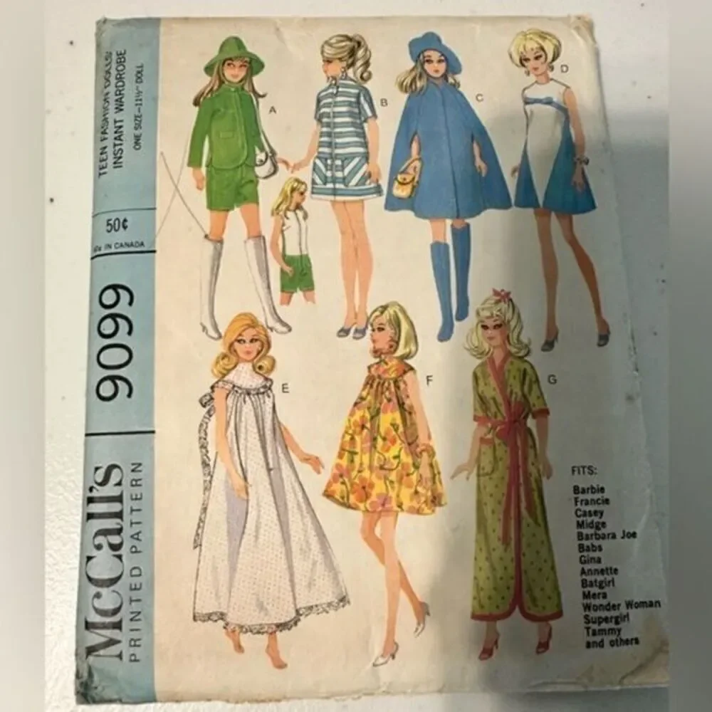 60’s  Vintage McCalls 9099 Sewing PatternTeen Fashion Doll Wardrobe - Fits Dolla